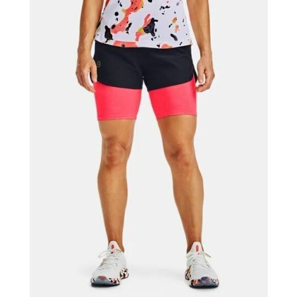 Under Armour 1355224 Women's Sz XS Black/Pink Camo 2-in-1 Running Shorts $70+ - Picture 3 of 4